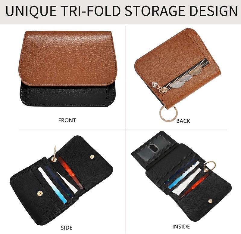 Sunpour Women Small Wallet RFID Blocking Slim Wallet with Coin Pocket Tri-Fold Credit Card Holder with ID Window and Keychain(Brown＆Black) - Image 3